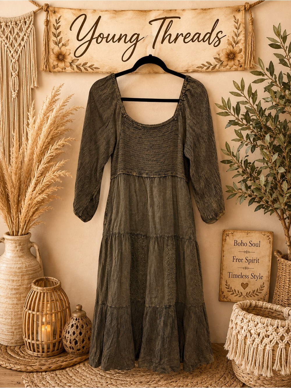 Young Threads Olive Green Tiered Midi Dress